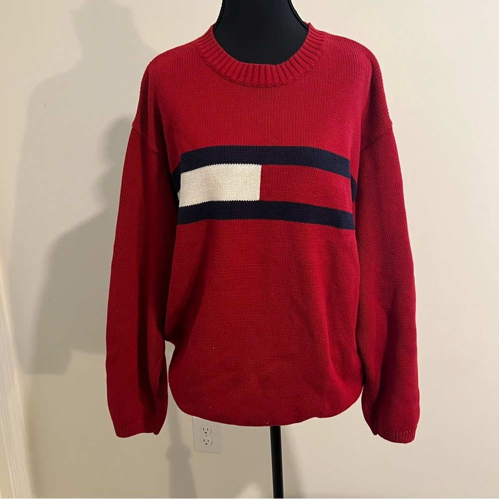 Vintage TOMMY HILFIGER Sweater Mens Size Large Red Long Sleeve Pullover Logo EUC